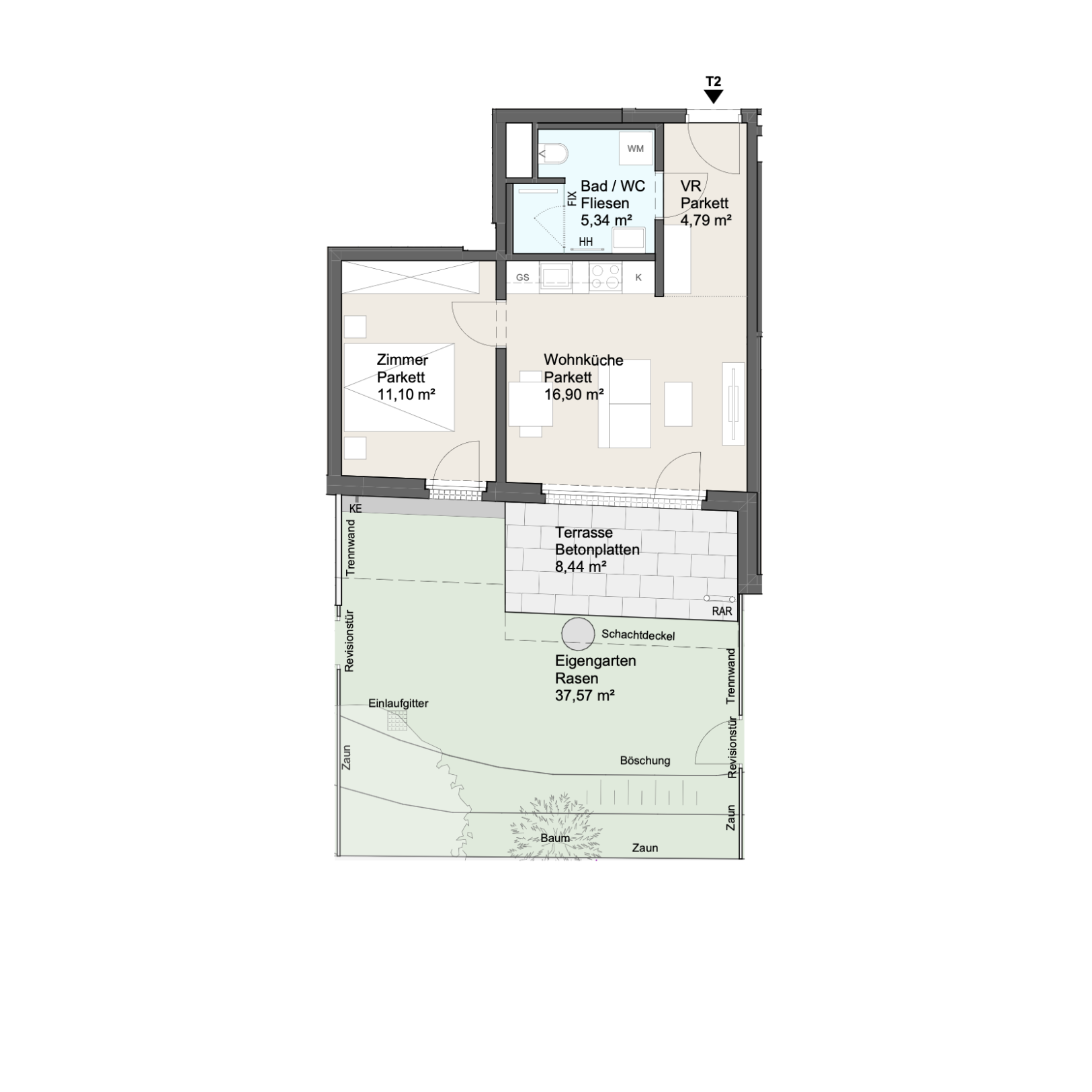 Stiege 2 · 2.EG · TOP 2 · 2 Rooms · Apartment · 38.13 m² · Private Garden · 37.57 m²