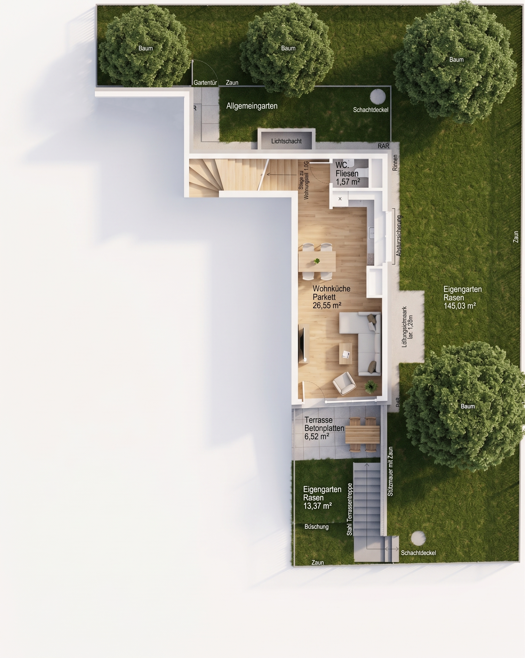 Stiege 1 · 1.OG/EG · TOP 5 · 3 Rooms · Apartment · 75.71 m² · Private Garden · 158.40 m²