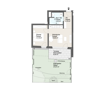 Stiege 2 · 2. OG · TOP 2 · 2 Zimmer · Wohnung · 38,13 m² · Eigengarten · 37,57 m²
