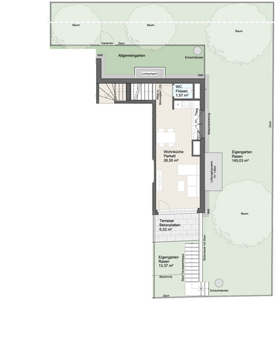 Stiege 1 · 1.OG/EG · TOP 5 · 3 Rooms · Apartment · 75.71 m² · Private Garden · 158.40 m²