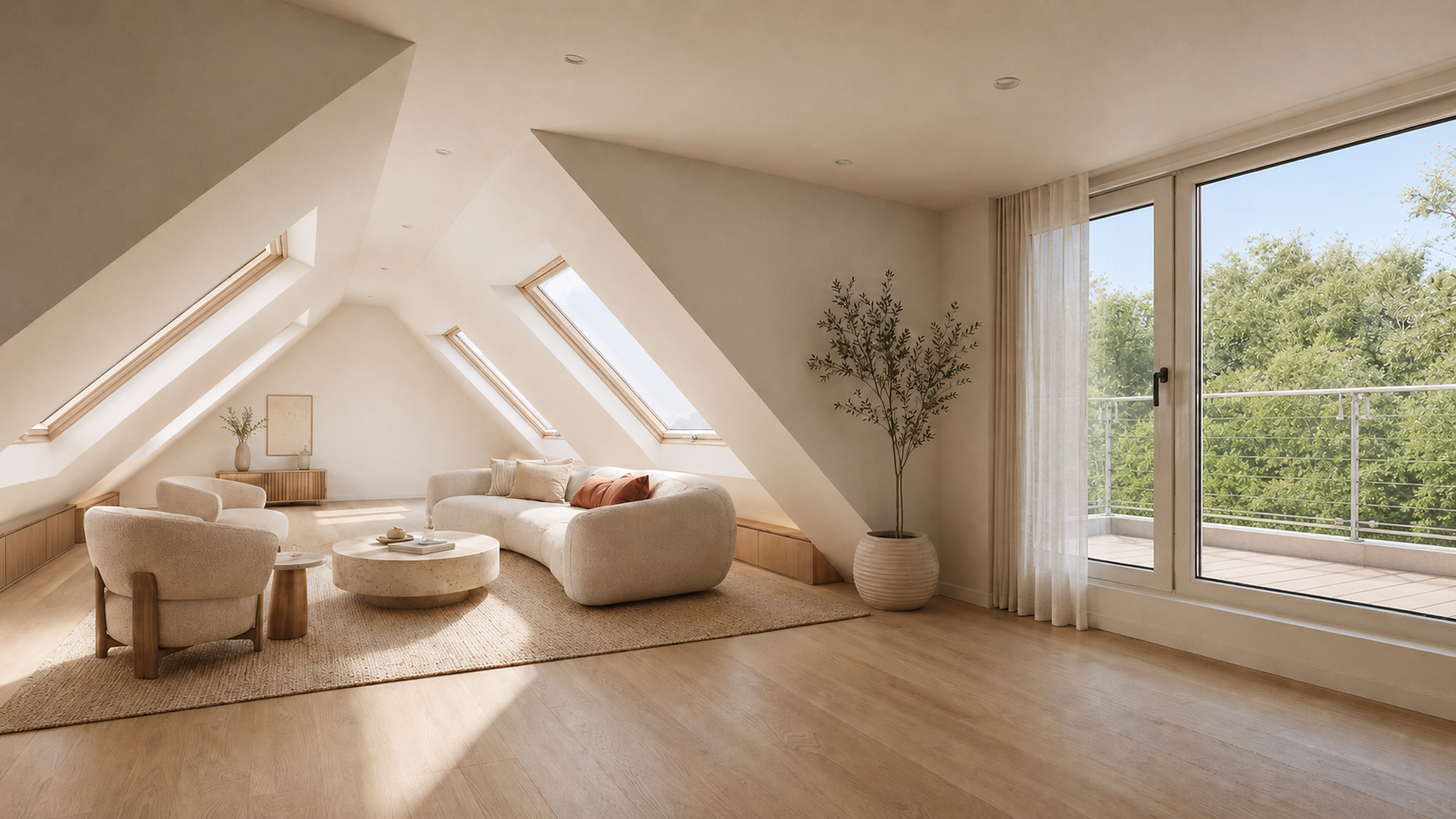 A modern, sunlit attic living room with sloped ceilings, large skylights, and floor-to-ceiling windows overlooking green trees. The room features a curved cream sectional sofa, two matching armchairs, a round coffee table, a textured area rug, and a tall potted tree. Wolsteingasse 51