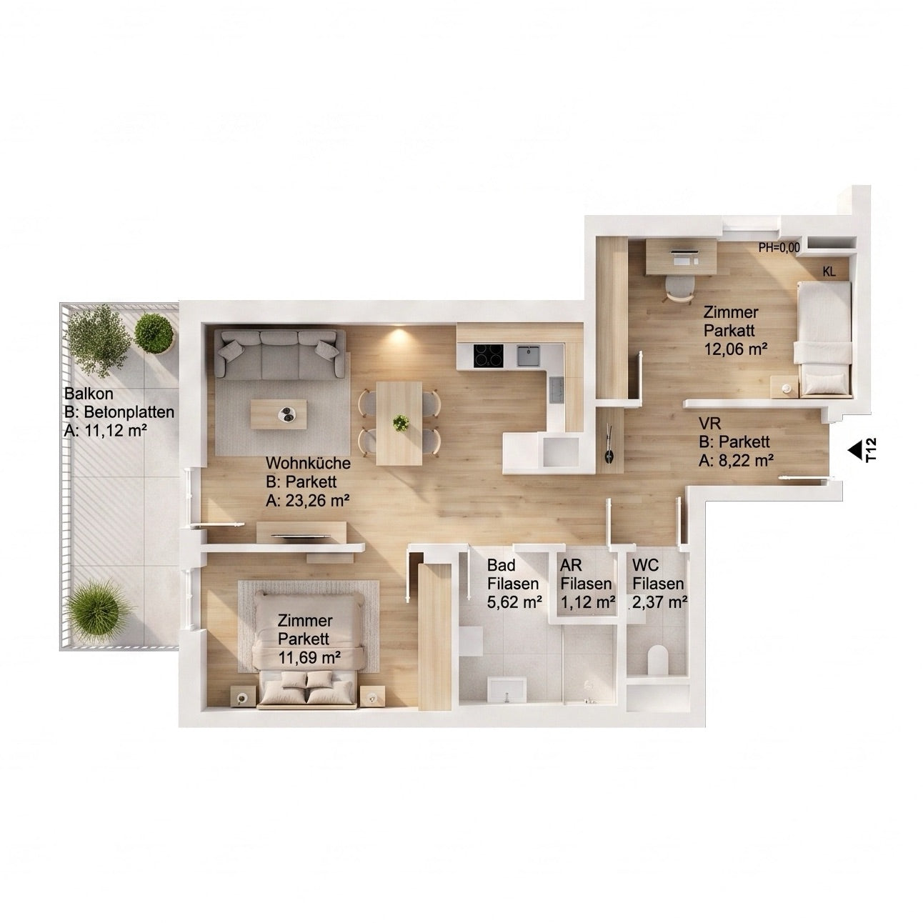 Stiege 1 · 1.DG · TOP 12 · 3 Rooms · Apartment · 64.34 m²
