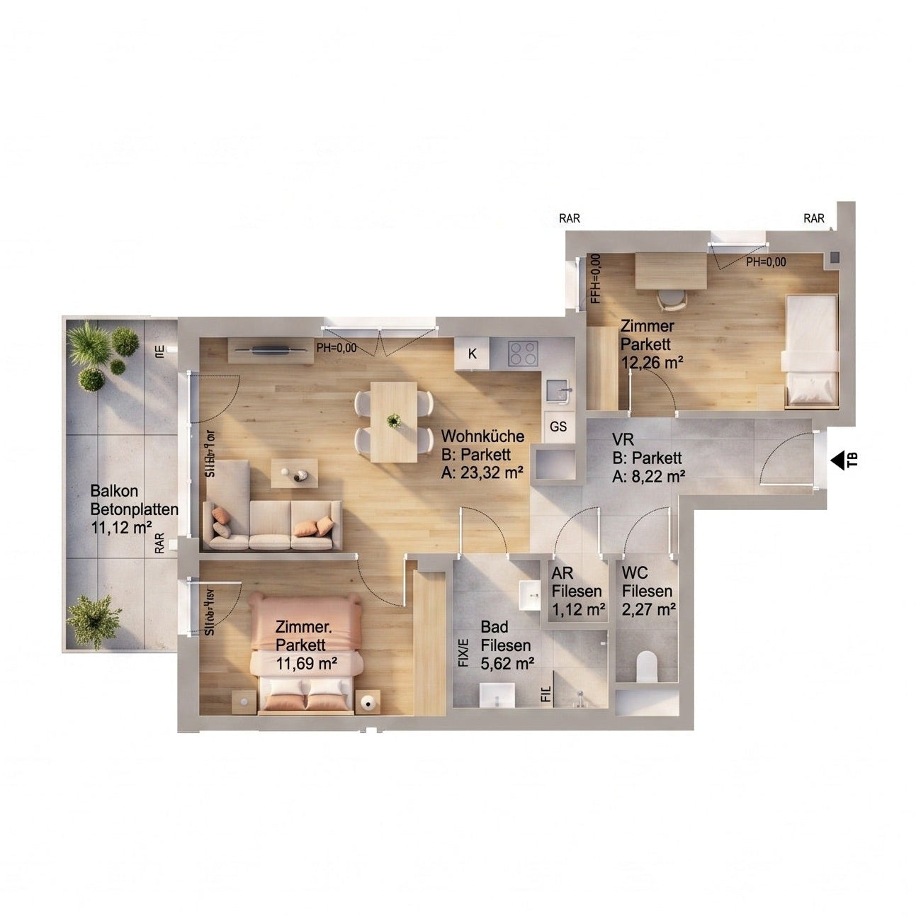 Stiege 1 · 1.OG · TOP 8 · 3 Rooms · Apartment · 64.60 m²